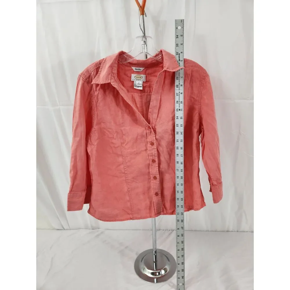 Talbots Petites Irish Linen Button Down Shirt Coral Pink 3/4‎ Sleeve Large P - Picture 4 of 5